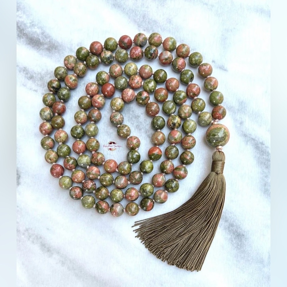 Natural Unakite or Indian Agate Mala Necklace 108 Bead Meditation Yoga Boho